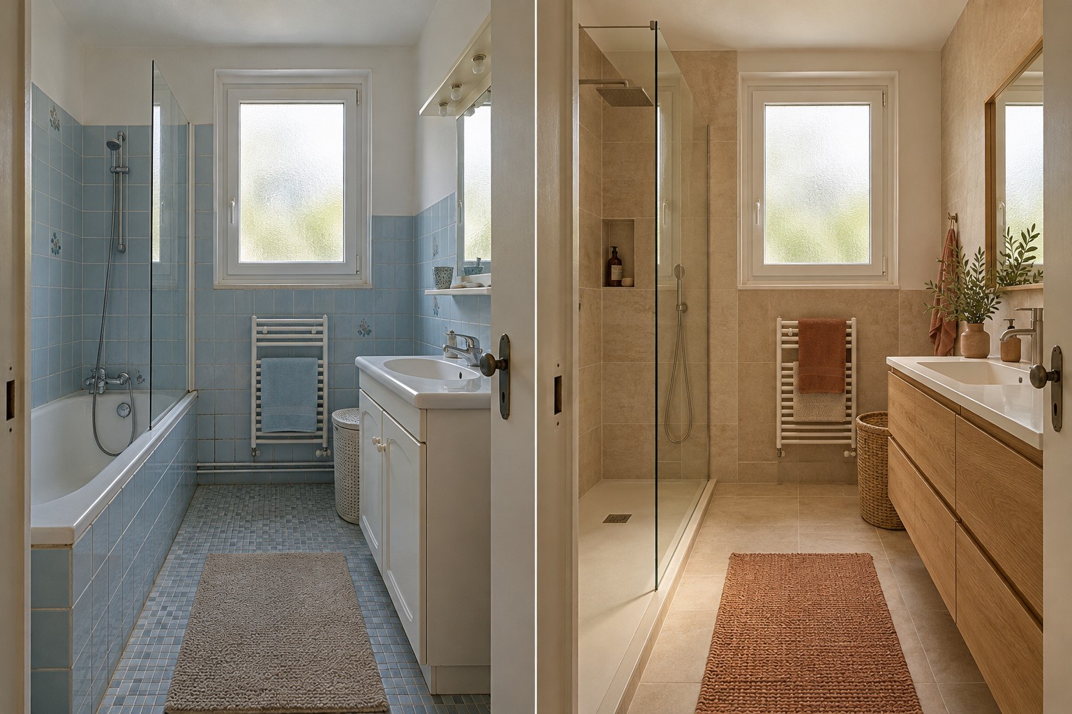 Simulation avant/après : Salle de bains : une ambiance douce et fonctionnelle